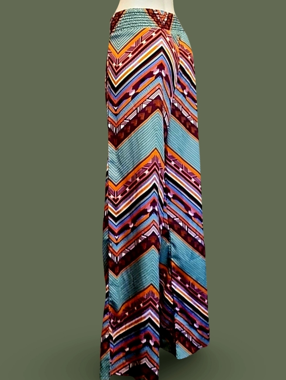 Karlie Multicolor Geometric Wide-Leg Pants Chevron Pattern Retro Casual Women - Picture 2 of 9
